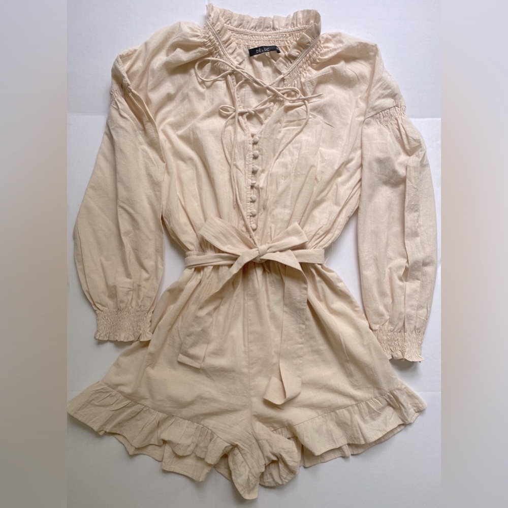 Anthropologie Deluc Long Sleeve Romper Size S Cotton Romantic Ruffle Ruched Y2K